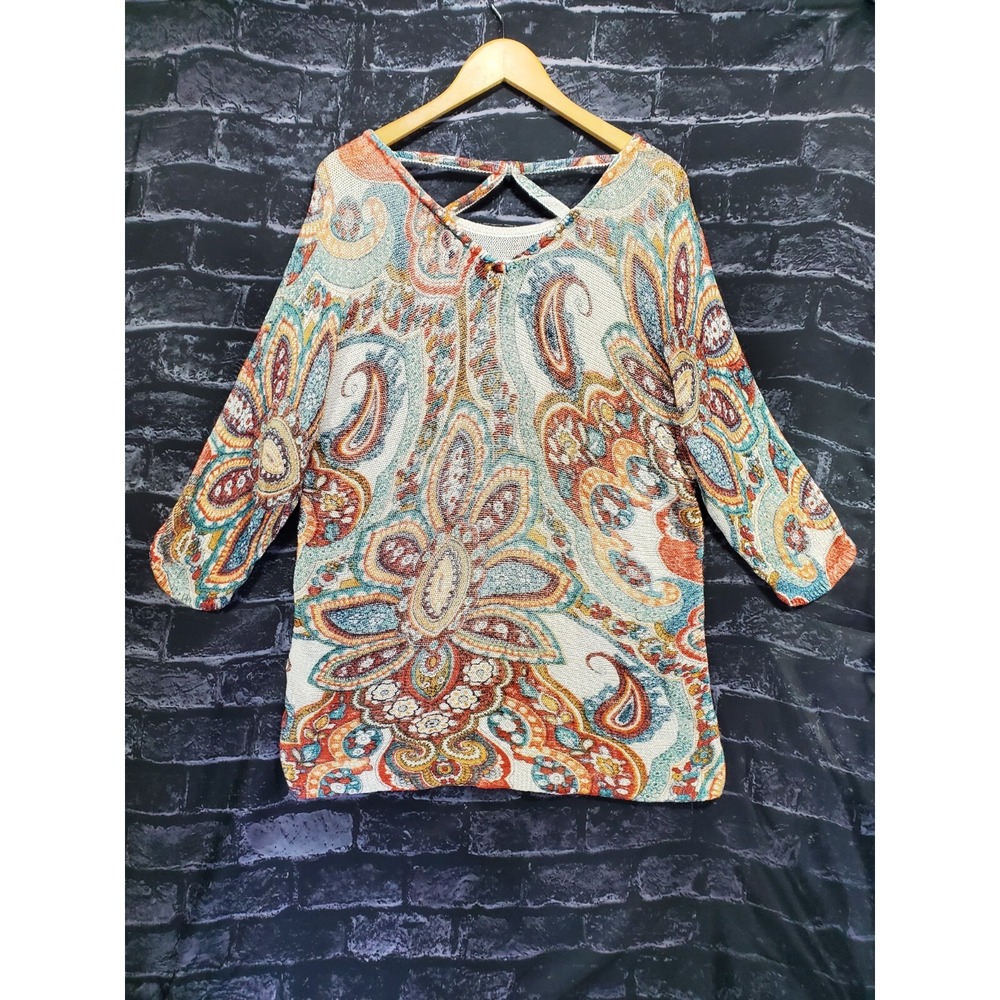 Chicos Sweater Womens Large Blue Red Floral Paisley Cross Back Costal Cowgirl